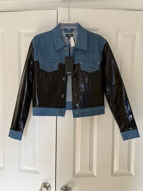 Hudson Jeans Blue Denim and Black Patent Cropped Jacket